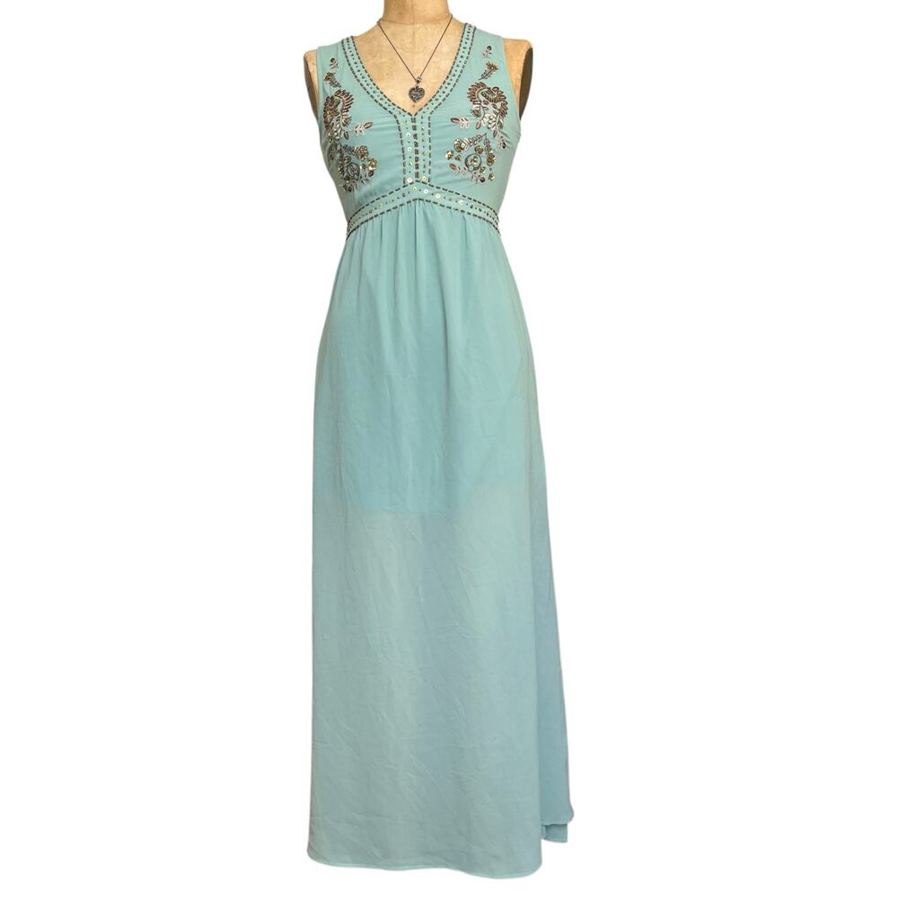 Teal Beaded Embroidered Maxi Dress Prom‎ Gown Boho Elegant Soiéblue Size S